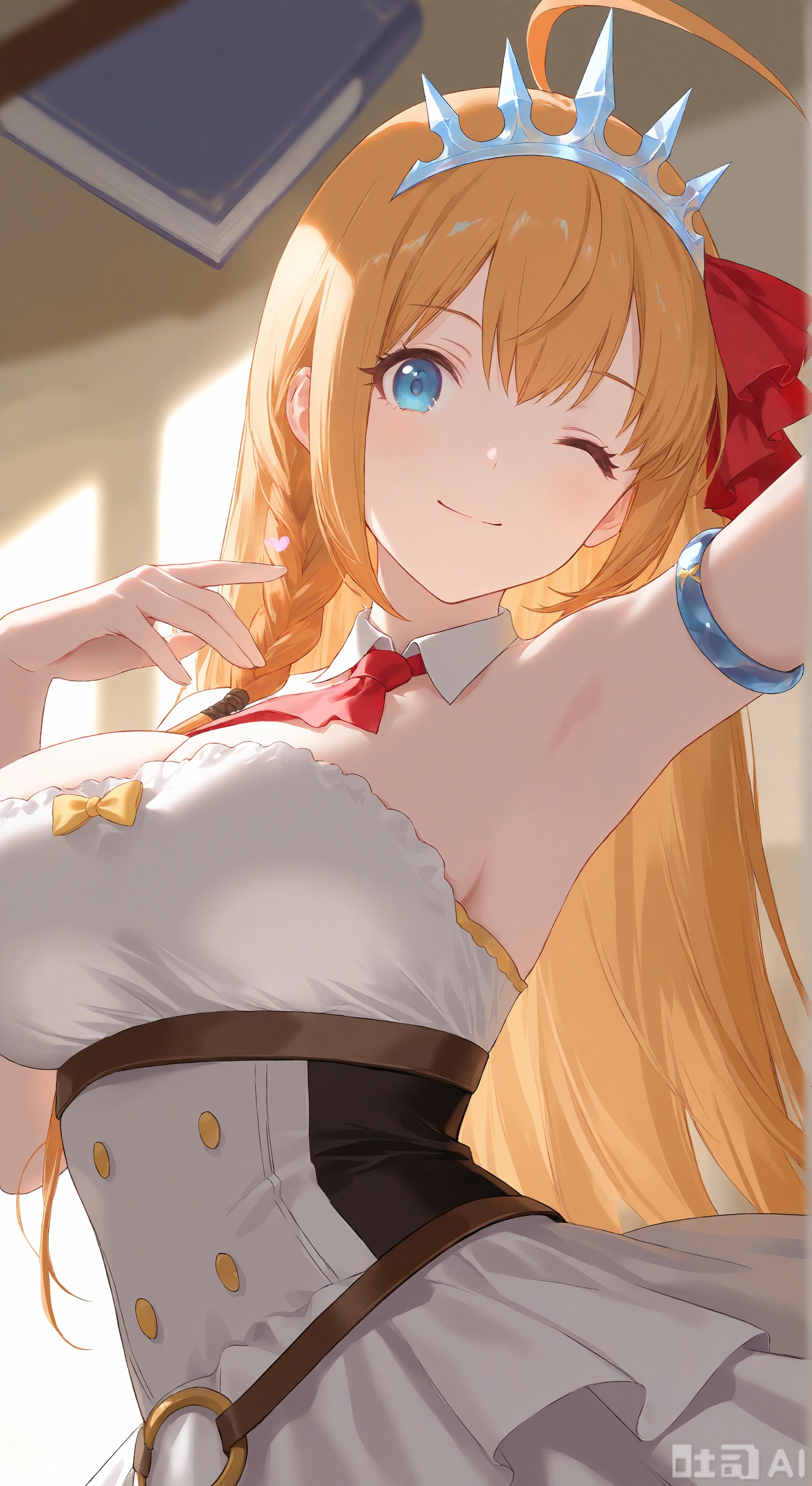 1girl, solo, long hair, breasts, looking at viewer, smile, bangs, blue eyes, blonde hair, large breasts, dress, bow, closed mouth, upper body, ahoge, heart, one eye closed, sleeveless, indoors, armpits, orange hair, arm up, official alternate costume, book, sideboob, tiara, armlet, pecorine \(princess connect!\) ,
skin, texture, material, details, lighting and shadow, style, photorealistic,(Murata_Renge:0.8),(reoen1:1),(as109:0.7),(Saebe_Shun:0.7),(akipeko:0.7),(Toronto:0.8),(lineart:0.8),(fuzichoco:0.6),(Mika Pikazo:0.4),(Artist: sheya:0.5),(wlop:0.4),Illustration,Simple Flat Coloring,lightshadow,line art,shadow,masterpiece,best quality,good quality,very aesthetic,A shot with tension,impactful picture,offcial art,movie perspective,masterpiece,facing the lens,best quality,very aesthetic,extremely delicate and beautiful,huge filesize,amazing quality,Blurred foreground,solo_focus,simple_background,depth_of_field,sunlight,reflective,masterful details,intricate details,soothing tones,high contrast,natural skin texture,soft light,sharp,ultra-high resolution,32K UHD