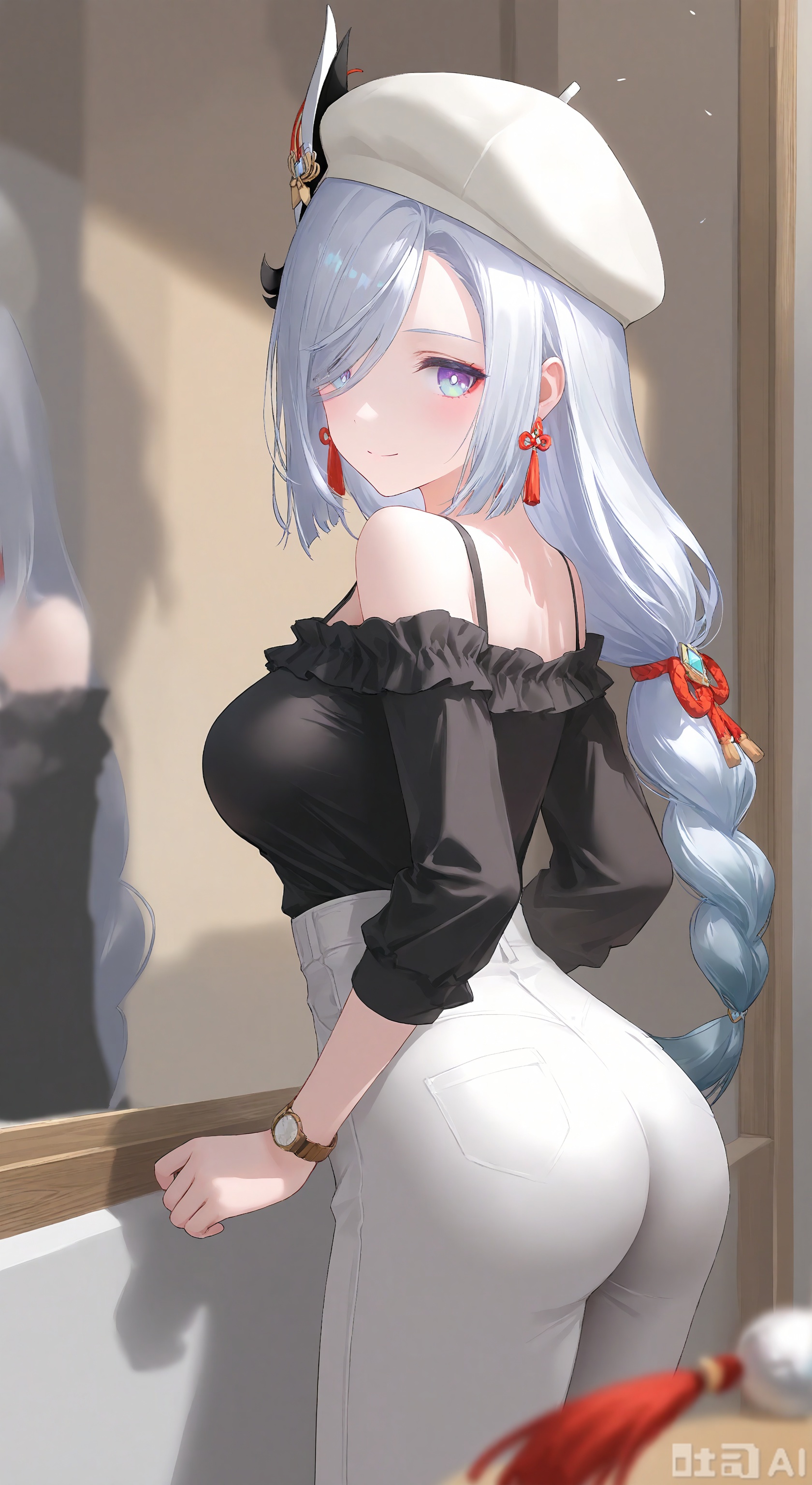 1girl, solo, long hair, breasts, looking at viewer, blush, smile, bangs, blue eyes, large breasts, shirt, hair ornament, hat, bare shoulders, jewelry, very long hair, closed mouth, ass, braid, white hair, grey hair, cowboy shot, earrings, frills, alternate costume, looking back, pants, indoors, off shoulder, from behind, hair over one eye, bracelet, black shirt, beret, white headwear, casual, tassel, watch, braided ponytail, contemporary, white pants, off-shoulder shirt, shirt tucked in, wristwatch, frilled shirt, high-waist pants, shenhe \(genshin impact\) ,
skin details, subsurface scattering, intricate textures, realistic material rendering, cinematic lighting, art style, photorealistic 8k,(Murata_Renge:0.8),(reoen1:1),(as109:0.7),(Saebe_Shun:0.7),(akipeko:0.7),(Toronto:0.8),(lineart:0.8),(fuzichoco:0.6),(Mika Pikazo:0.4),(Artist: sheya:0.5),(wlop:0.4),Illustration,Simple Flat Coloring,lightshadow,line art,shadow,masterpiece,best quality,good quality,very aesthetic,A shot with tension,impactful picture,offcial art,movie perspective,masterpiece,facing the lens,best quality,very aesthetic,extremely delicate and beautiful,huge filesize,amazing quality,Blurred foreground,solo_focus,simple_background,depth_of_field,sunlight,reflective,masterful details,intricate details,soothing tones,high contrast,natural skin texture,soft light,sharp,ultra-high resolution,32K UHD