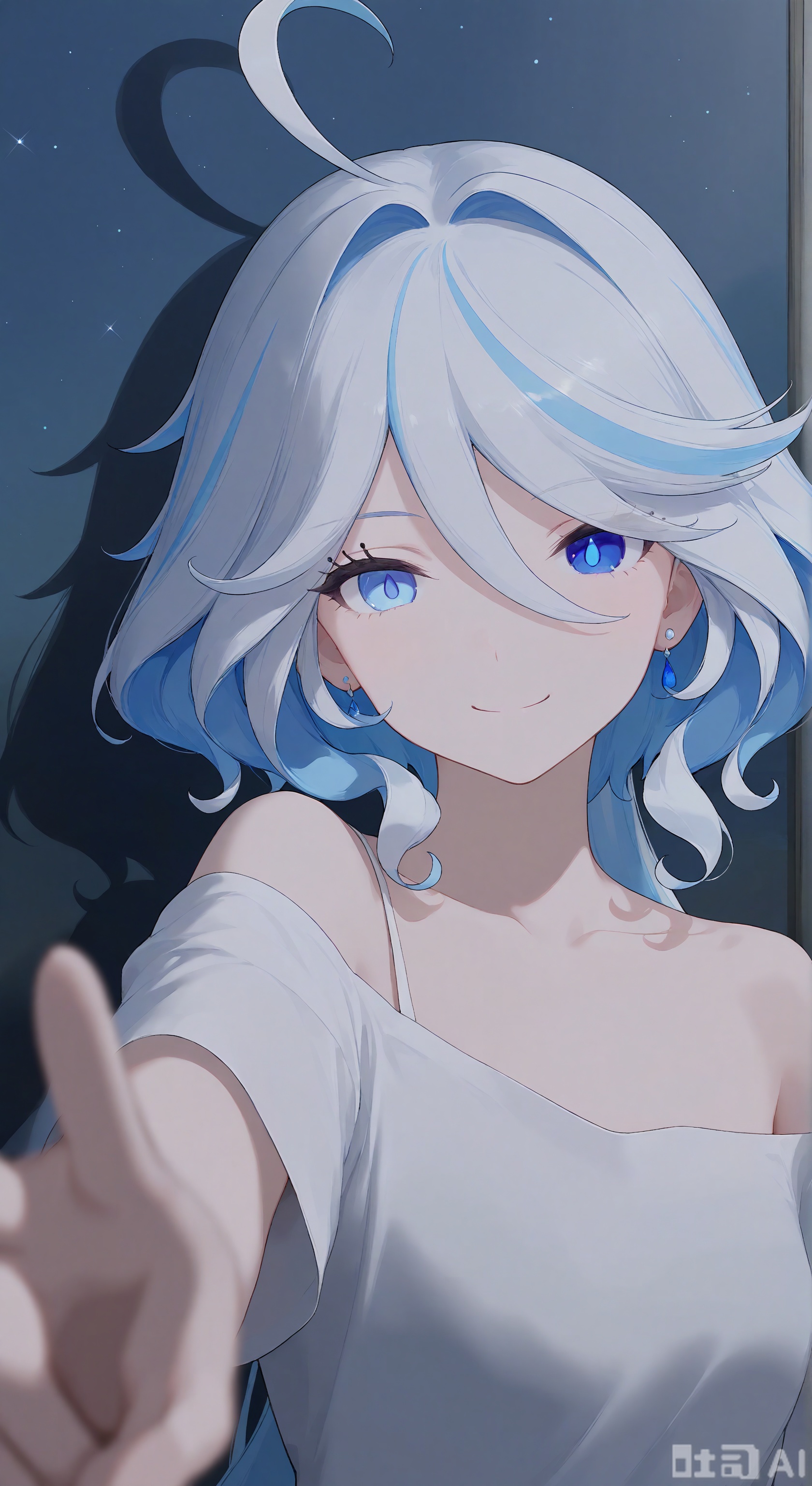 1girl, solo, long hair, looking at viewer, smile, bangs, blue eyes, shirt, hair between eyes, jewelry, closed mouth, blue hair, collarbone, white shirt, upper body, ahoge, white hair, multicolored hair, earrings, sky, off shoulder, streaked hair, night, star \(sky\), night sky, starry sky, off-shoulder shirt,furina,
skin, texture, material, details, lighting and shadow, style, photorealistic,Illustration,Simple Flat Coloring,lightshadow,line art,shadow,masterpiece,best quality,good quality,very aesthetic,A shot with tension,impactful picture,offcial art,movie perspective,masterpiece,facing the lens,best quality,very aesthetic,extremely delicate and beautiful,huge filesize,amazing quality,Blurred foreground,solo_focus,simple_background,depth_of_field,sunlight,reflective,masterful details,intricate details,soothing tones,high contrast,natural skin texture,soft light,sharp,ultra-high resolution,32K UHD