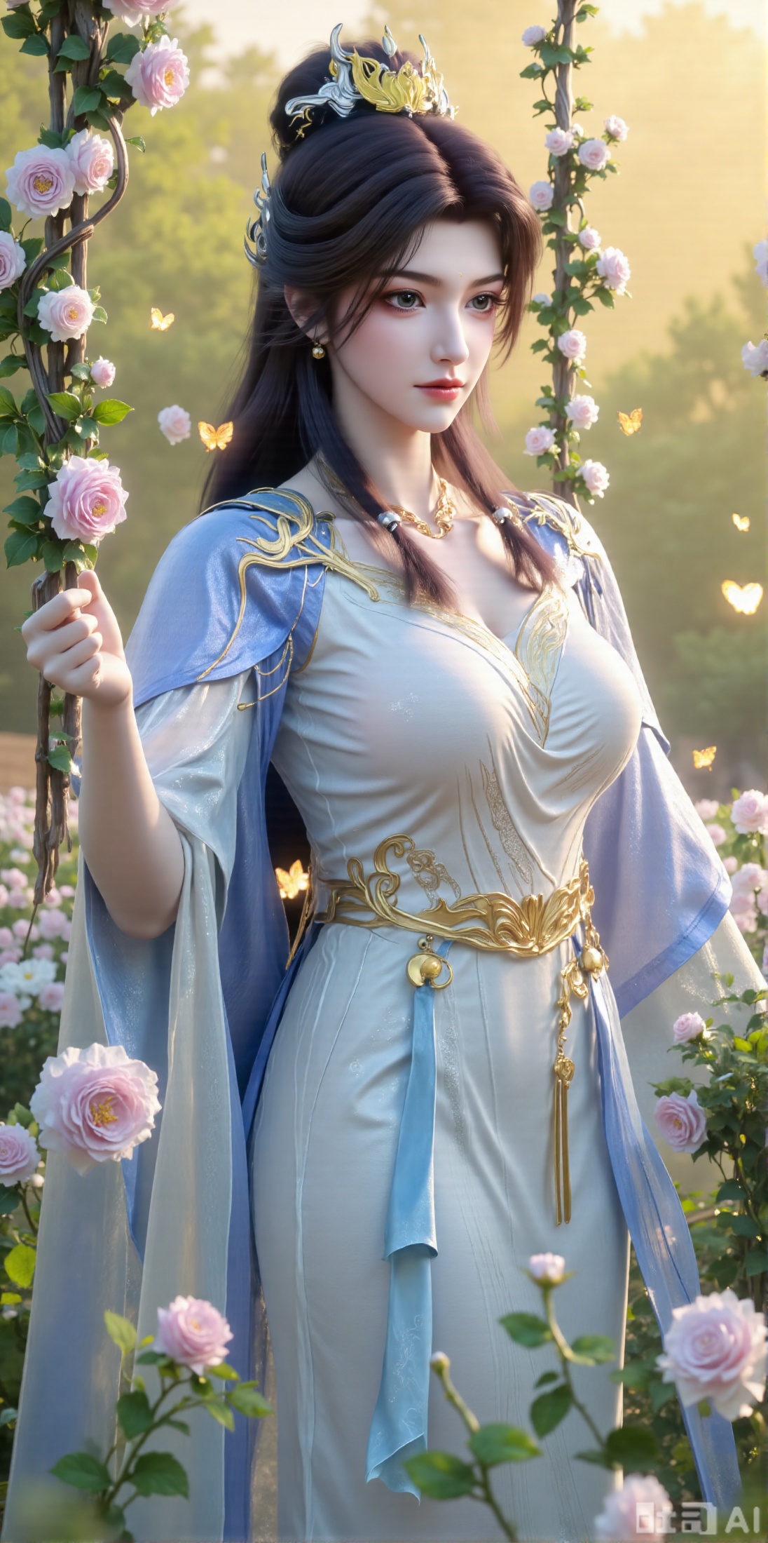 (masterpiece, best quality:1.2),In a cinematic shot with soft sunlight filtering through petals, a delicate fairy-like beauty swings gently on a flower swing amidst a whimsical garden. She wears a pale blue hanfu with flowing wide sleeves and a translucent silk sash tied around her slender figure. Her long black hair with blue highlights cascades down her back, adorned with a pearl hairpin. A gentle smile plays on her innocent eyes as she floats above the flowers, surrounded by fluttering butterflies and golden pollen particles. Magical runes float in the air, casting an ethereal glow. Vines wrap around the ropes of the swing, intertwined with roses and morning glories. The pastel color palette and fantasy atmosphere evoke a sense of wonder and enchantment.,(huge breasts:2.99),(full breasts:2.99),XyunxiaoYH3,,XbaifengsongyuYH,Xbigbreasts,Xxuenvxuedi,XyanqingfeiX,Xloubeidress,XyinyueX3,Xxihechengzhu,Xyunwangshuchengzhu