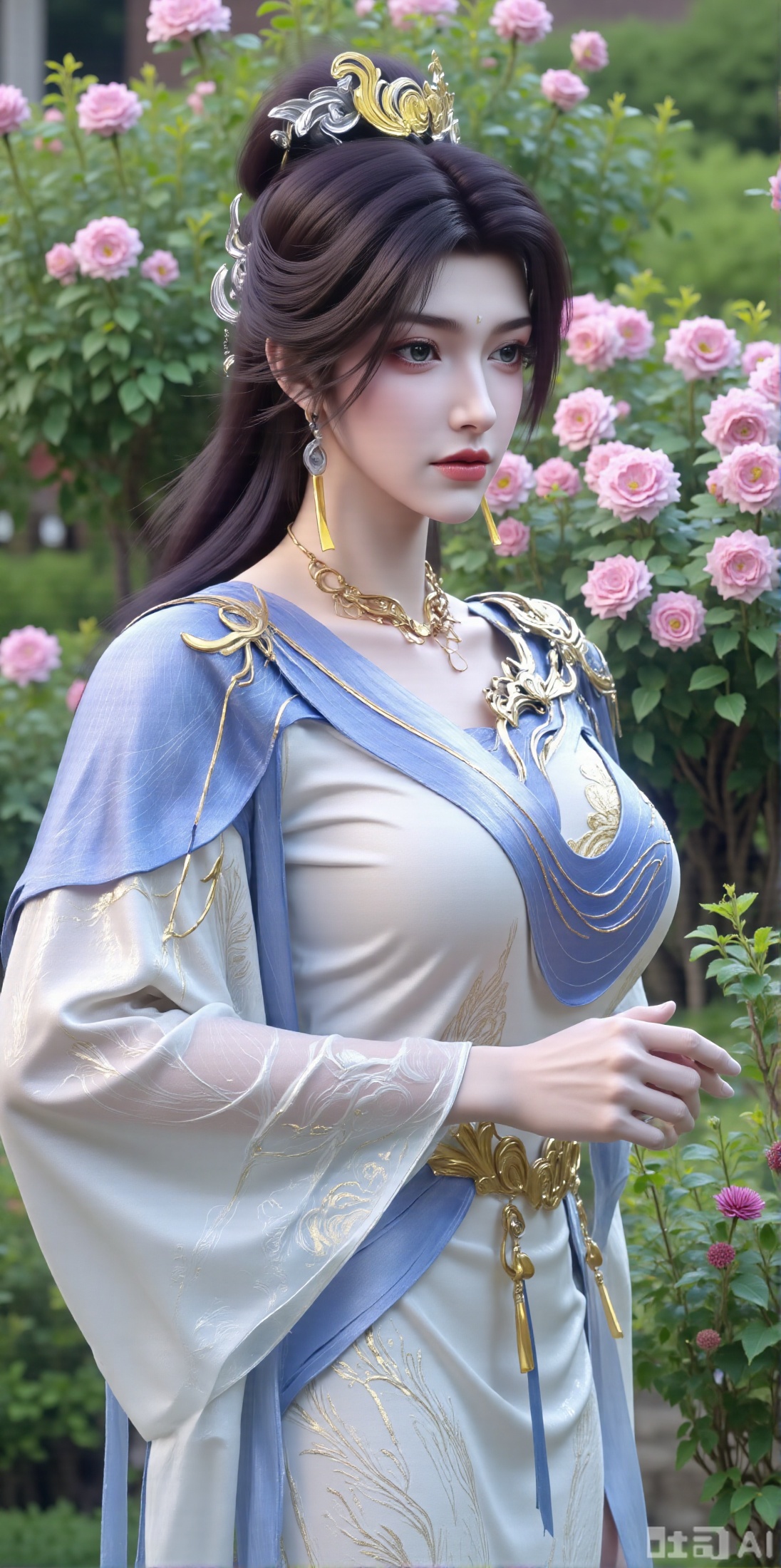 (masterpiece:1.2),best quality,,A woman adorned in traditional Chinese attire,featuring a flowing robe with intricate embroidery and floral accents. A garden filled with pink roses and lush greenery. Soft pastel hues of white,blue,and green,creating a serene atmosphere. Photorealistic photography.,(huge breasts:2.99),(full breasts:2.99),XyunxiaoYH3,,XbaifengsongyuYH,Xbigbreasts,Xxuenvxuedi,XyanqingfeiX,Xloubeidress,XyinyueX3,Xxihechengzhu,Xyunwangshuchengzhu