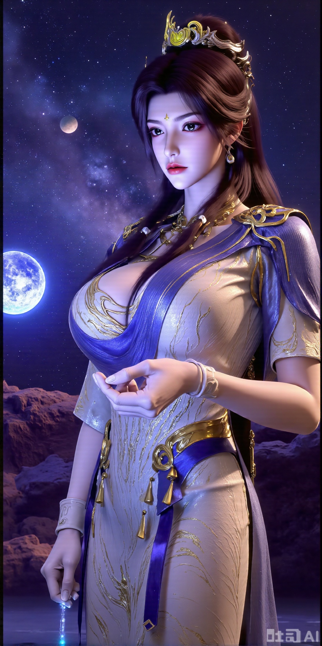 (masterpiece, best quality:1.2),Realistic details, ultra-clear, wallpaper, 8k, masterpiece, masterpiece, best quality, high quality, flowing long hair, exquisite hair accessories, headdresses, cyberpunk electronic luminous clothing, full body multi-luminous line light strips, cyberpunk luminous lines colorful. The sacred light, the cosmic space background, the planets of different colors around, the nebula flows, the stars twinkle, the golden willow branches stretch, holding an earth with both hands, the details of the earth's surface, the texture of mountains, rivers and oceans, the surrounding planets, planets of all sizes, traces of planets orbits, dreamy light and shadow effects.,(huge breasts:2.99),(full breasts:2.99),XyunxiaoYH3,,XbaifengsongyuYH,Xbigbreasts,Xxuenvxuedi,XyanqingfeiX,Xloubeidress,XyinyueX3,Xxihechengzhu,Xyunwangshuchengzhu