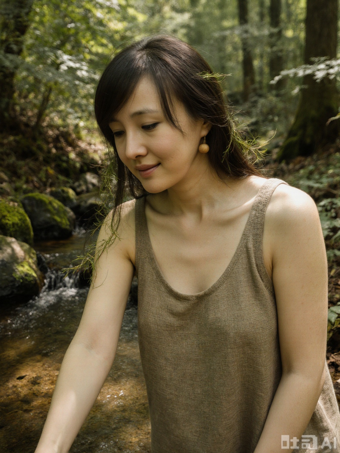 FLUX-style portrait, 12K Phase One, upper body close-up (chest to shoulders), woman wears a light brown linen low-cut **** top (scooped neckline, loose fit with side slits). Background: forest stream with mossy stones, dappled sunlight through maple leaves. Soft green-tinged light—linen fabric 皱巴巴with natural texture, chest curves softened by shadow, collarbones kissed by sunlight. She bends slightly to touch water, left hand trailing in stream, eyes downcast with gentle smile. Hair loose with pine needles tangled, right ear has wooden bead earring. Overall earthy warmth, blending with forest hues.