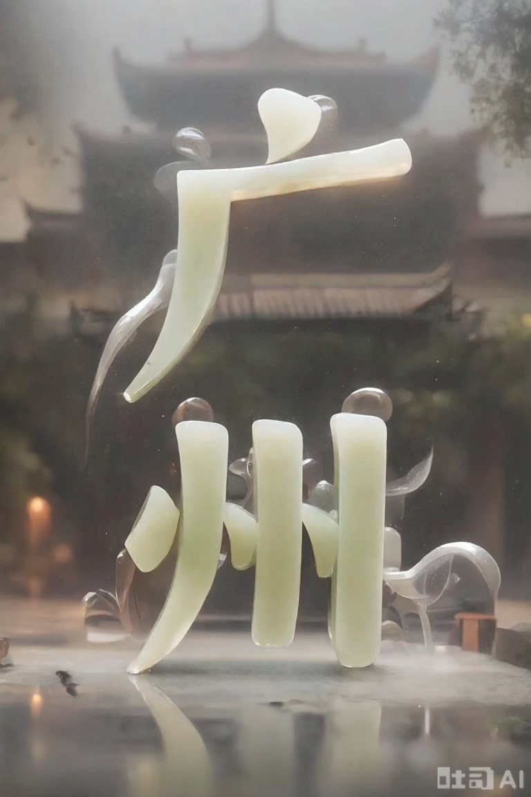 汉字"广州",Flower characters,背景是地方特色建筑,玉质汉字