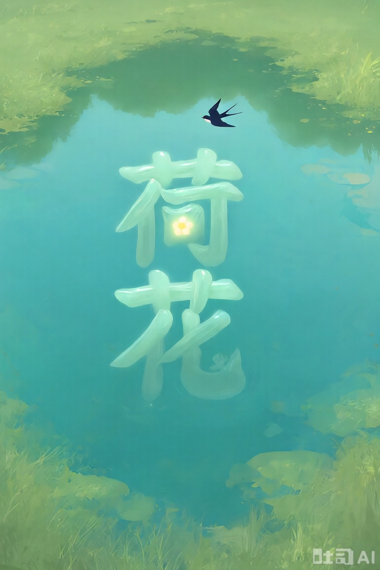 汉字"荷花",Flower characters,,玉质汉字,背景是csgf style,dczytt style,Traditional_Chinese_Colors,csgf style,mfmh style,Fairy tale illustration,looking down from mid-air,the shadow of the cloud is reflected on the grass,two glowing little swallows are flying,top view,Nordic illustration,Bird's-eye view from above,the lake water is crystal clear,the moss at the bottom of the lake is green,there are a few small orange fish,and the lake surface is dotted with ripples by the water,giving people a very quiet feeling.,