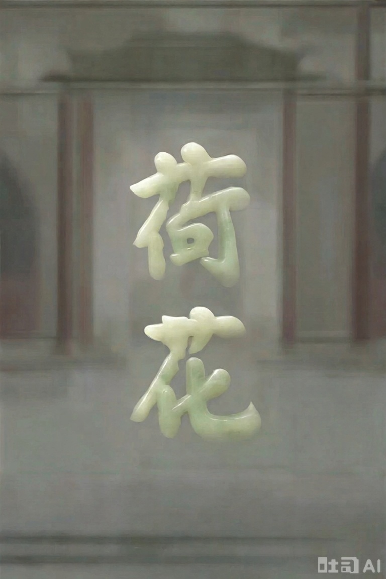 汉字"荷花",Flower characters,背景是建筑,玉质汉字
