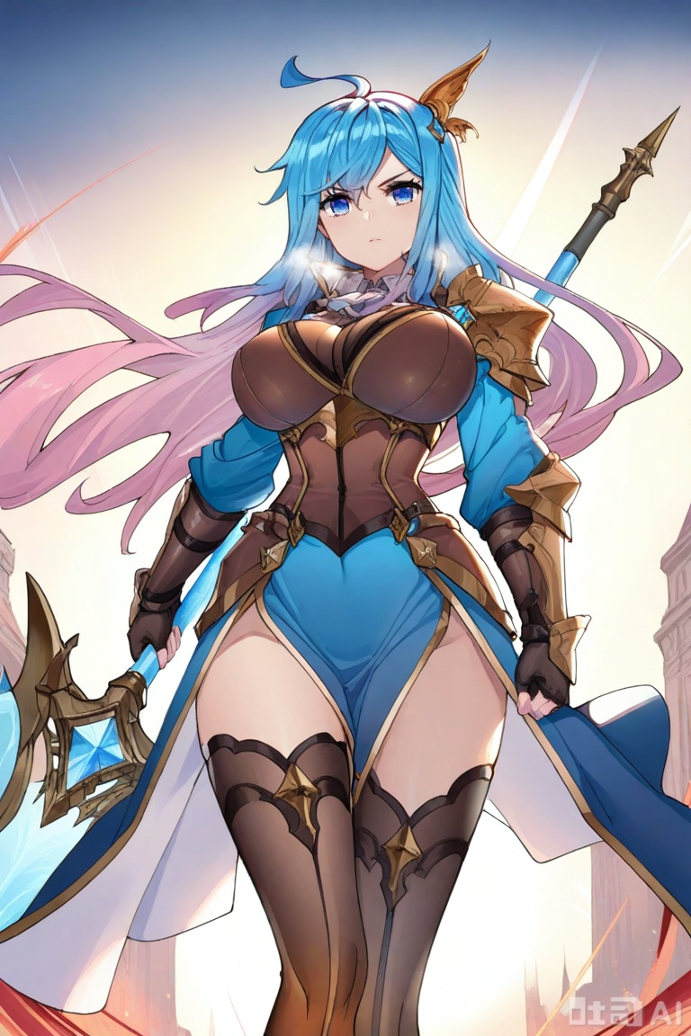 1girl, solo, long hair, breasts, looking at viewer, bangs, blue eyes, large breasts, hair ornament, thighhighs, gloves, long sleeves, holding, hair between eyes, closed mouth, blue hair, standing, weapon, pink hair, ahoge, multicolored hair, black gloves, black thighhighs, fingerless gloves, holding weapon, armor,  gradient hair, polearm, shoulder armor,  side slit,  brown thighhighs, 王秋儿,