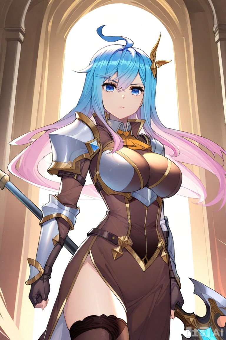 1girl, solo, long hair, breasts, looking at viewer, bangs, blue eyes, large breasts, hair ornament, thighhighs, gloves, long sleeves, holding, hair between eyes, closed mouth, blue hair, standing, weapon, pink hair, ahoge, multicolored hair, black gloves, black thighhighs, fingerless gloves, holding weapon, armor,  gradient hair, polearm, shoulder armor,  side slit,  brown thighhighs, 王秋儿,