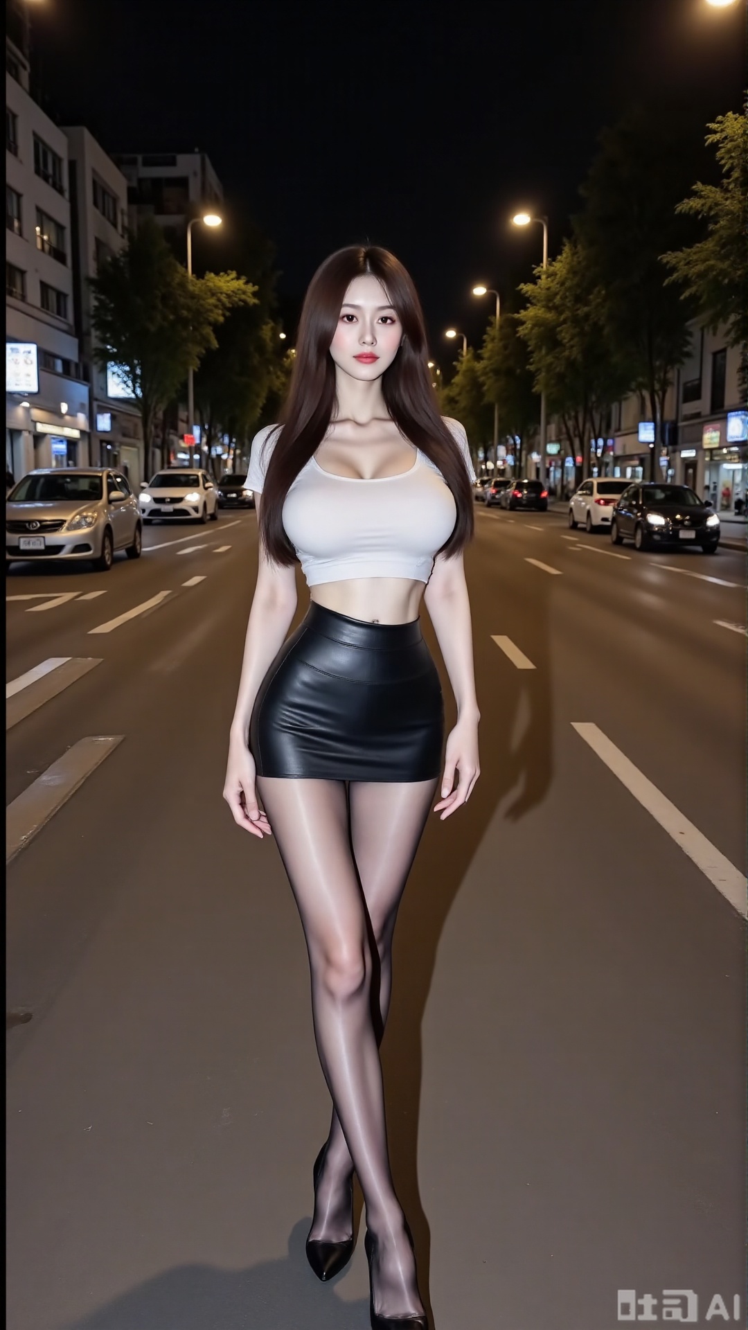  night,This is a high-resolution photo depicting an Asian woman posing seductively . Her skin is fair and delicate, with long  curly hair cascading over her shoulders like a waterfall. She wears a form-fitting  T-shirt, paired with a slim  skirt that accentuates her slender legs, along with pure  pantyhose and  high heels. The overall environment is modern and elegant,Walking on the pedestrian overpass in the city,,girl