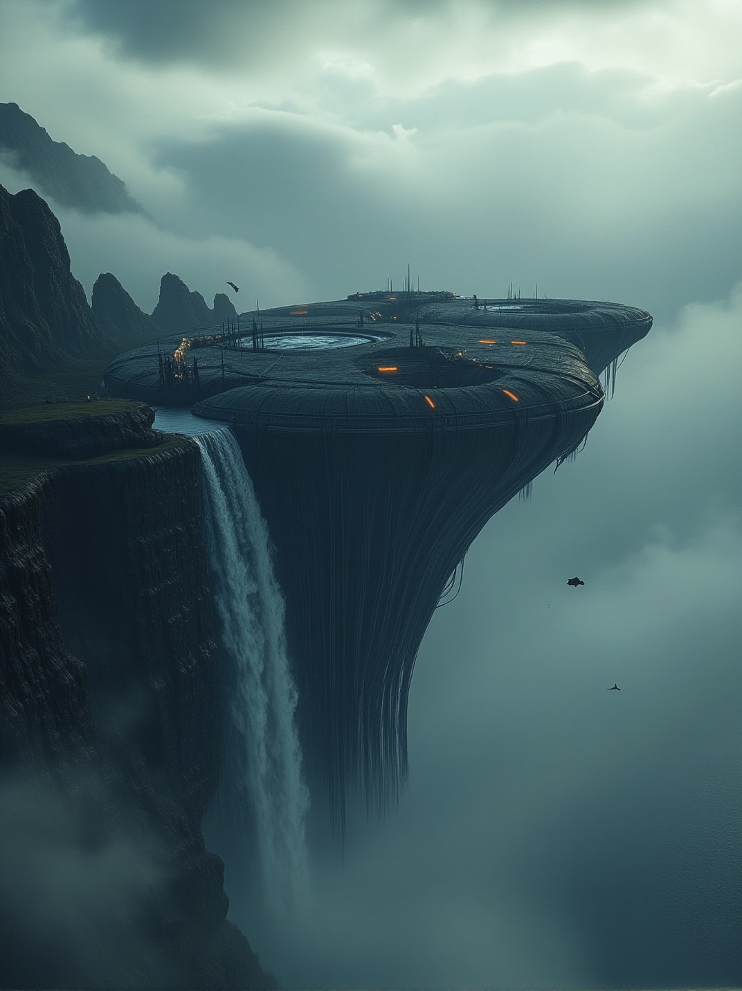 A colossal floating island suspended above an endless cloud ocean,  with cascading waterfalls falling into the abyss,  anc...