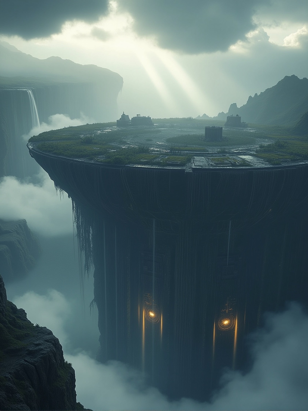 A colossal floating island suspended above an endless cloud ocean,  with cascading waterfalls falling into the abyss,  anc...