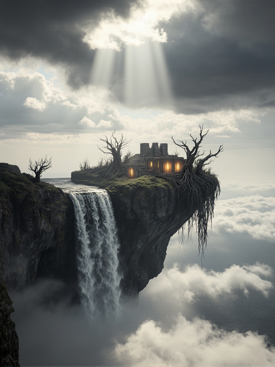 A colossal floating island suspended above an endless cloud ocean,  with cascading waterfalls falling into the abyss,  anc...