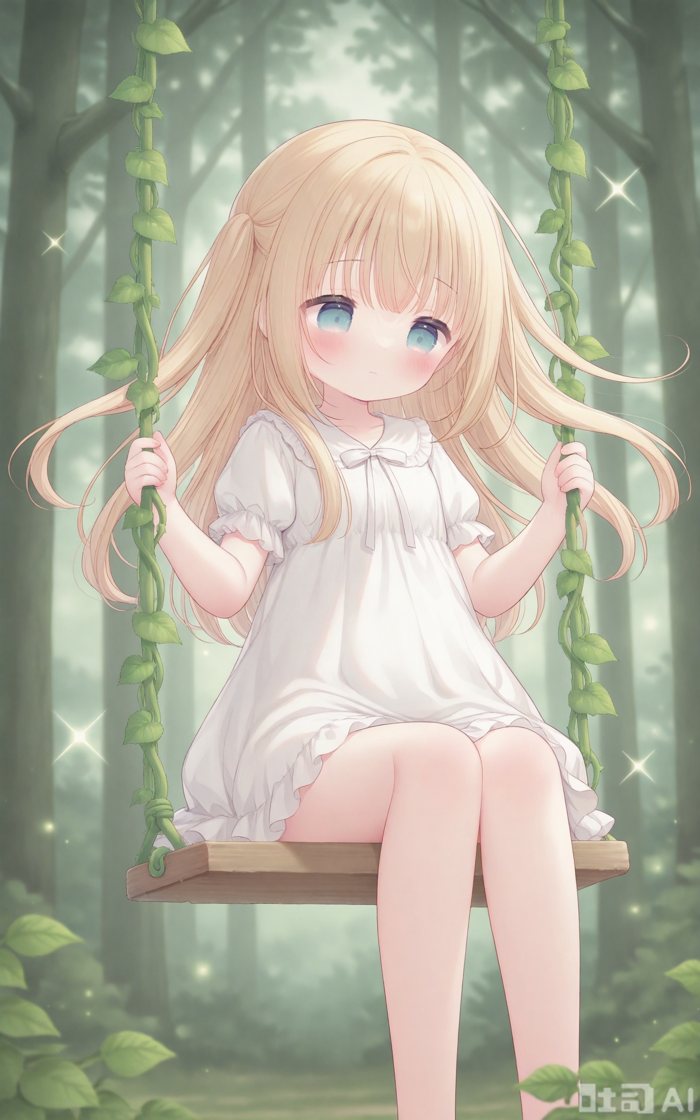 1girl, swing, solo, sitting, forest background, vine, looking down, outdoors, floating hair, holding, closed mouth, sparkle, hands up, waist,short,qscc
