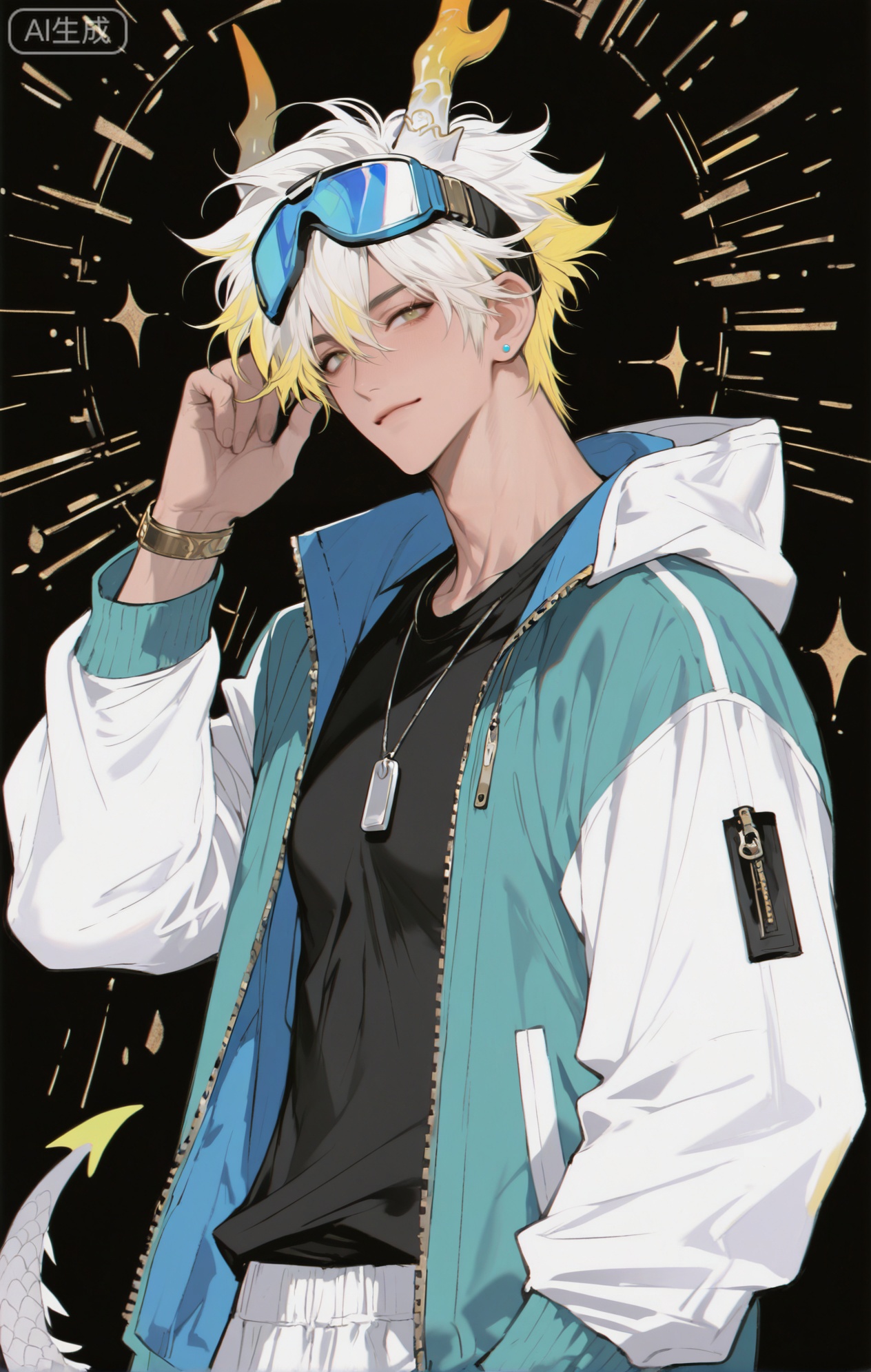 ,xiao zhi tiao,(artist:mazjojo:0.77), (artist:pigeon666:0.70), (artist:zawar379:0.83), (artist:remsrar:0.65), (artist:chimmyming:0.72),masterpiece,best quality,male focus,hd,4kamazing quality,very aesthetic,bust,high resolution,ultra-detailed,perfect lighting,volumetric lighting,,xiaozhitiao,yu xuan,multicolored hair,White dragon tail,White dragon horns,sneakers,white shorts,headphones,tattoo,yellow eyes,white hair,1boy,blonde hair,bangs,white **** top,

masterpiece, best quality, highres, goldenfieldszho, very awa, newest, absurdres, perfect lighting, , nsfw, yaoi, , male, masculine, (athletic, muscular),((flat color)),((flat color)),,

 BREAK,,(1boy,male focus,solo,goggles,goggles on head,looking at viewer,jewelry,smile,jacket,short hair,multicolored clothes,earrings,upper body,zipper,white hair,long sleeves,hand up,closed mouth,hair between eyes,stud earrings,necklace,hood,multicolored jacket,black shirt,black background)

BREAK,,danmei,rainbow,xiaozhitiao,Dog ears,Xiaozhitiao,dianmei,Baiwen Card,Black and white,monochrome