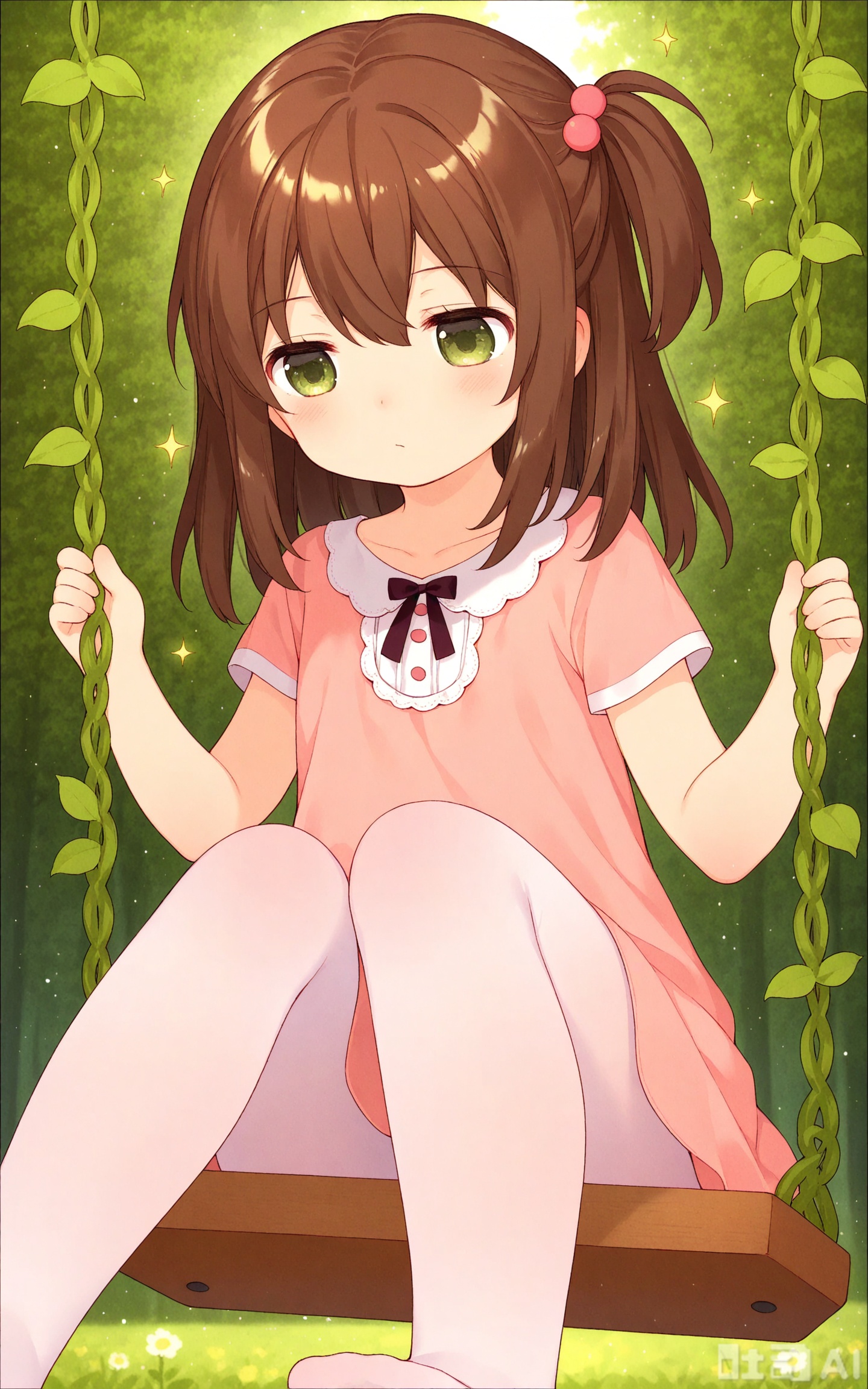 petite,cute,kawai,little girl,kid,underage,aged_down,child,loli,loli,loli,masterpiece,best quality,high quality,chromatic_aberration,
1girl, swing, solo, sitting, forest background, vine, looking down, outdoors, floating hair, holding, closed mouth, sparkle, hands up, waist,short,tusbasachya