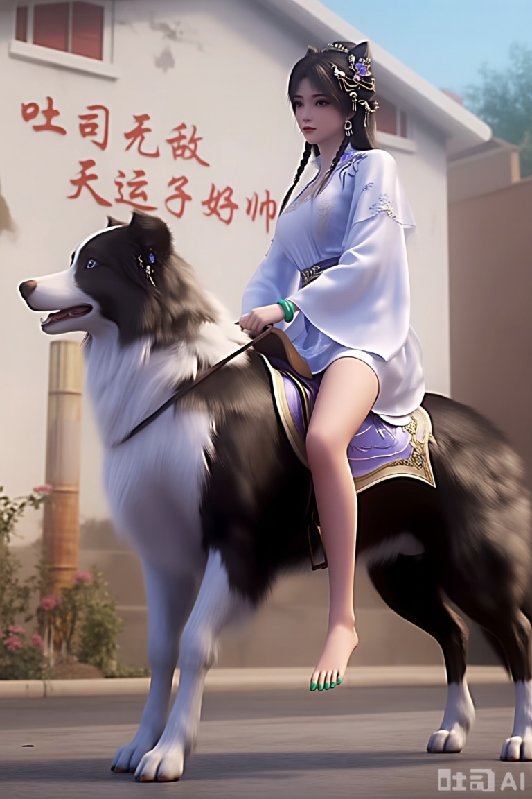 她骑在一条边牧上的3D渲染图。她的脚上涂着绿色的指甲油,为她的脚增添了一丝色彩。她穿着一件白色长袖衬衫,头上有蓝色装饰,戴着绿色的手镯和一对摇摆的耳环。。背景是一座白色的建筑,墙面写着：吐司无敌,天运子好帅