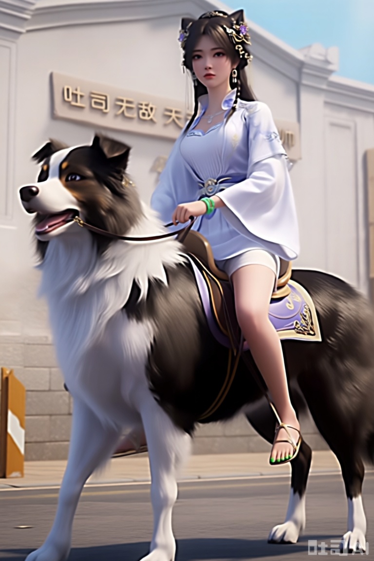 她骑在一条边牧上的3D渲染图。她的脚上涂着绿色的指甲油,为她的脚增添了一丝色彩。她穿着一件白色长袖衬衫,头上有蓝色装饰,戴着绿色的手镯和一对摇摆的耳环。。背景是一座白色的建筑,墙面写着：吐司无敌,天运子好帅