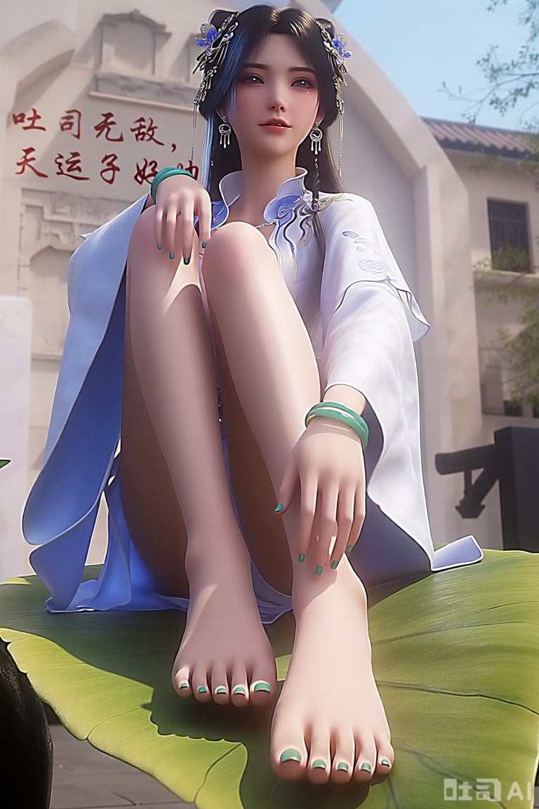她坐在一片大叶子上的3D渲染图。她的脚上涂着绿色的指甲油,为她的脚增添了一丝色彩。她穿着一件白色长袖衬衫,头上有蓝色装饰,戴着绿色的手镯和一对摇摆的耳环。她的左手放在左脚上,右手放在右脚上。背景是一座白色的建筑,墙面写着：吐司无敌,天运子好帅