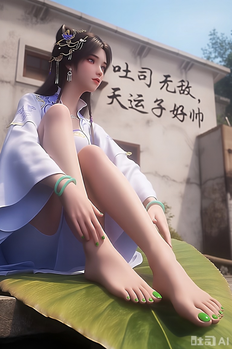 她坐在一片大叶子上的3D渲染图。她的脚上涂着绿色的指甲油,为她的脚增添了一丝色彩。她穿着一件白色长袖衬衫,头上有蓝色装饰,戴着绿色的手镯和一对摇摆的耳环。她的左手放在左脚上,右手放在右脚上。背景是一座白色的建筑,墙面写着：吐司无敌,天运子好帅
