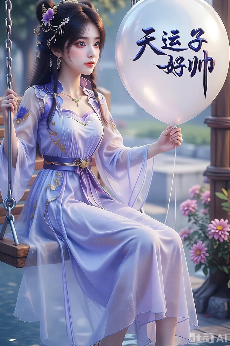 一个女孩坐在秋千上,身穿紫色纱裙,手持白色气球,气球上用飘逸的毛笔字体写着“天运子好帅”。