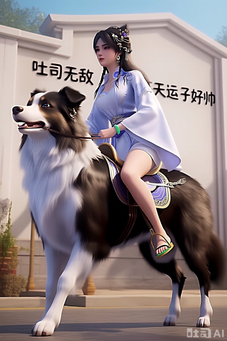 她骑在一条边牧上的3D渲染图。她的脚上涂着绿色的指甲油,为她的脚增添了一丝色彩。她穿着一件白色长袖衬衫,头上有蓝色装饰,戴着绿色的手镯和一对摇摆的耳环。。背景是一座白色的建筑,墙面写着：吐司无敌,天运子好帅