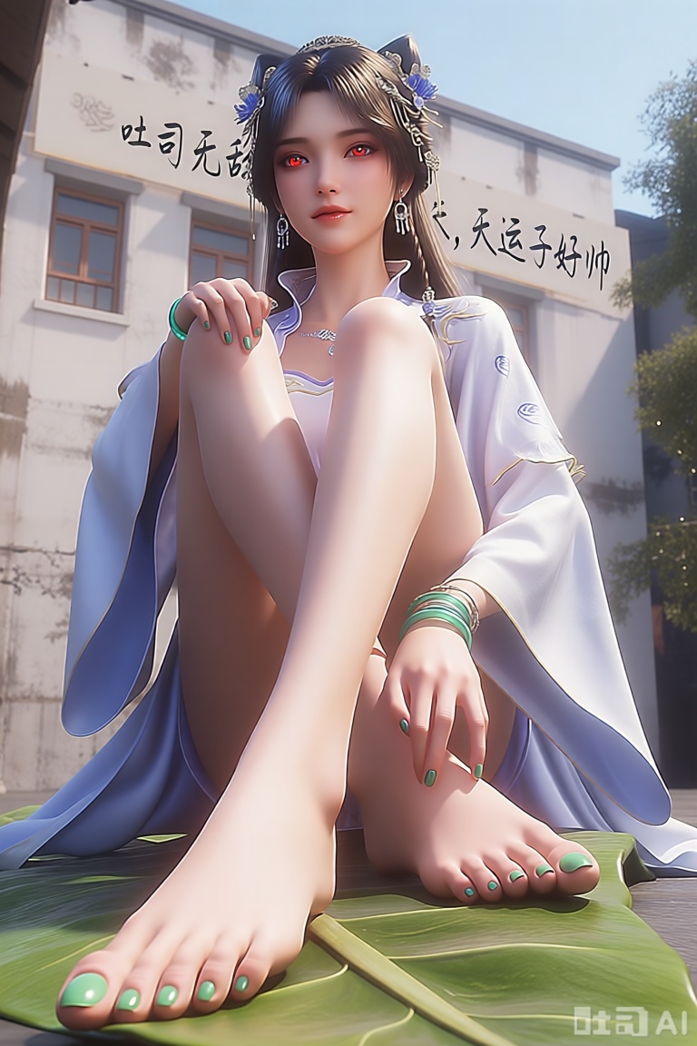 她坐在一片大叶子上的3D渲染图。她的脚上涂着绿色的指甲油,为她的脚增添了一丝色彩。她的头发闪闪发光,眼睛通红。她穿着一件白色长袖衬衫,头上有蓝色装饰,戴着绿色的手镯和一对摇摆的耳环。她的左手放在左脚上,右手放在右脚上。背景是一座白色的建筑,墙面写着：吐司无敌,天运子好帅