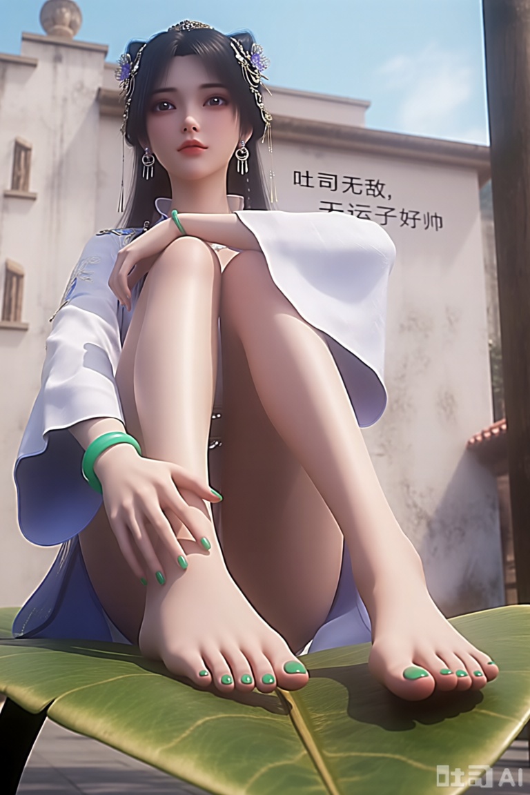 她坐在一片大叶子上的3D渲染图。她的脚上涂着绿色的指甲油,为她的脚增添了一丝色彩。她穿着一件白色长袖衬衫,头上有蓝色装饰,戴着绿色的手镯和一对摇摆的耳环。她的左手放在左脚上,右手放在右脚上。背景是一座白色的建筑,墙面写着：吐司无敌,天运子好帅