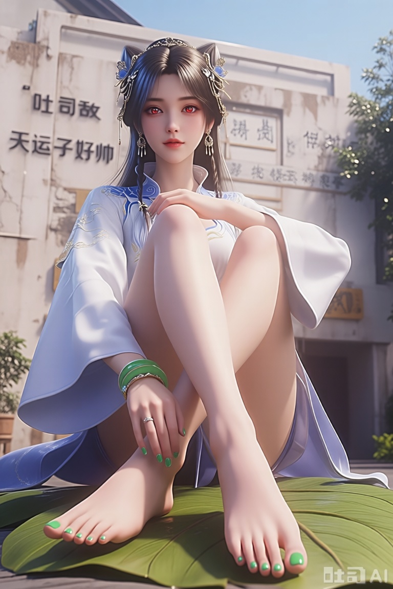 她坐在一片大叶子上的3D渲染图。她的脚上涂着绿色的指甲油,为她的脚增添了一丝色彩。她的头发闪闪发光,眼睛通红。她穿着一件白色长袖衬衫,头上有蓝色装饰,戴着绿色的手镯和一对摇摆的耳环。她的左手放在左脚上,右手放在右脚上。背景是一座白色的建筑,墙面写着：吐司无敌,天运子好帅