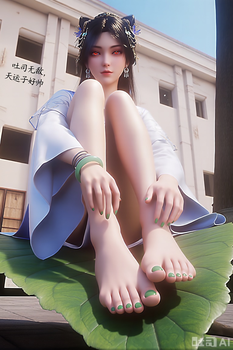 她坐在一片大叶子上的3D渲染图。她的脚上涂着绿色的指甲油,为她的脚增添了一丝色彩。她的头发闪闪发光,眼睛通红。她穿着一件白色长袖衬衫,头上有蓝色装饰,戴着绿色的手镯和一对摇摆的耳环。她的左手放在左脚上,右手放在右脚上。背景是一座白色的建筑,墙面写着：吐司无敌,天运子好帅