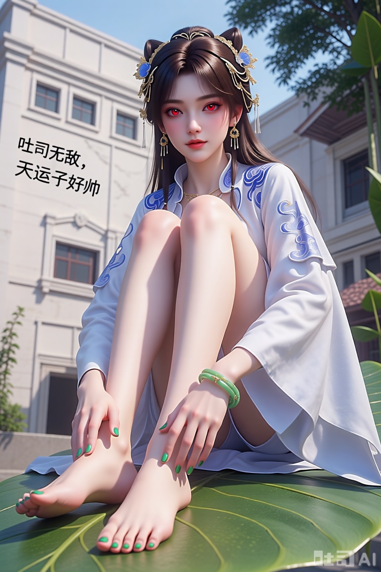 她坐在一片大叶子上的3D渲染图。她的脚上涂着绿色的指甲油,为她的脚增添了一丝色彩。她的头发闪闪发光,眼睛通红。她穿着一件白色长袖衬衫,头上有蓝色装饰,戴着绿色的手镯和一对摇摆的耳环。她的左手放在左脚上,右手放在右脚上。背景是一座白色的建筑,墙面写着：吐司无敌,天运子好帅
