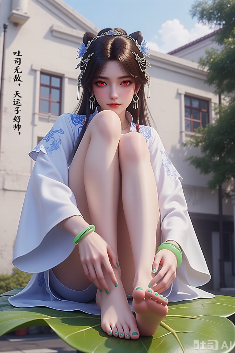 她坐在一片大叶子上的3D渲染图。她的脚上涂着绿色的指甲油,为她的脚增添了一丝色彩。她的头发闪闪发光,眼睛通红。她穿着一件白色长袖衬衫,头上有蓝色装饰,戴着绿色的手镯和一对摇摆的耳环。她的左手放在左脚上,右手放在右脚上。背景是一座白色的建筑,墙面写着：吐司无敌,天运子好帅
