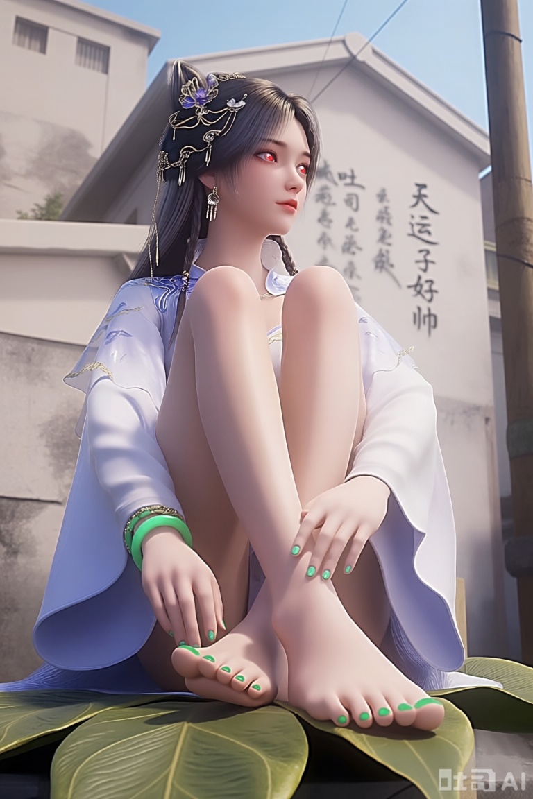 她坐在一片大叶子上的3D渲染图。她的脚上涂着绿色的指甲油,为她的脚增添了一丝色彩。她的头发闪闪发光,眼睛通红。她穿着一件白色长袖衬衫,头上有蓝色装饰,戴着绿色的手镯和一对摇摆的耳环。她的左手放在左脚上,右手放在右脚上。背景是一座白色的建筑,墙面写着：吐司无敌,天运子好帅