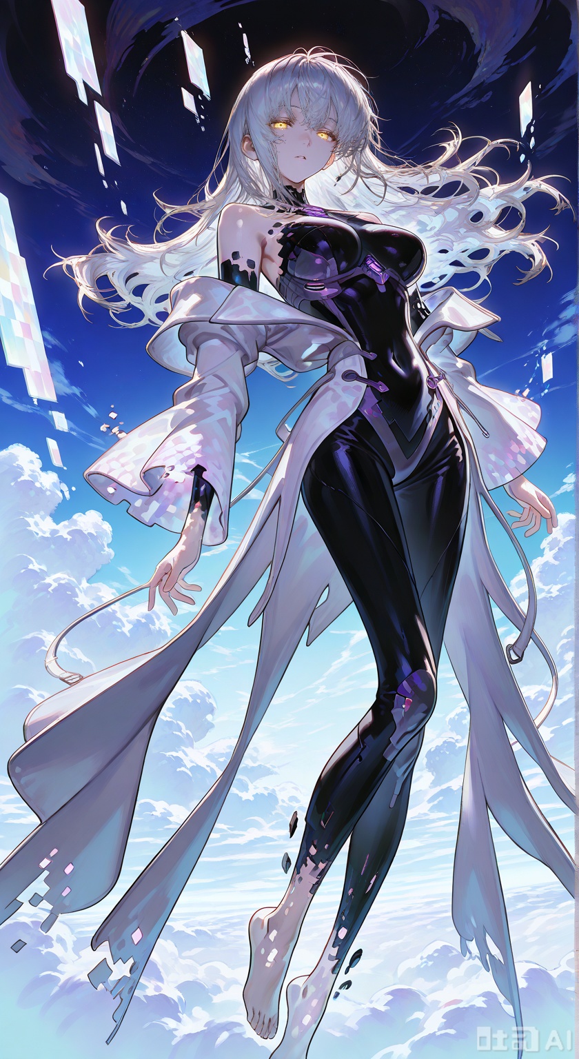 1girl,solo,white hair,messy hair,yellow_eyes,orange pupils,glowing eyes,half-closed_eyes,purple_gemstone ,(black_bodysuit,white_jacket,off-shoulder_bikini,bare_shoulders,large_breasts) ,(square pattern,square patterned sleeves,rectangle,disintegration clothing,digital_dissolved clothing,deconstructed clothing,fading outfit),barefoot,
masterpiece,best quality,beautiful detailed eyes,
 (hidari_(left_side):0.9),(u u zan),(umishima_senbon:0.9),(cosmic_(crownclowncosmic):0.9),(natsume_(menthol):0.9),(NNmy_Itp0:0.9),(iumu:0.8),floating,sky,cloud,full body,looking atviewer,dutch angle