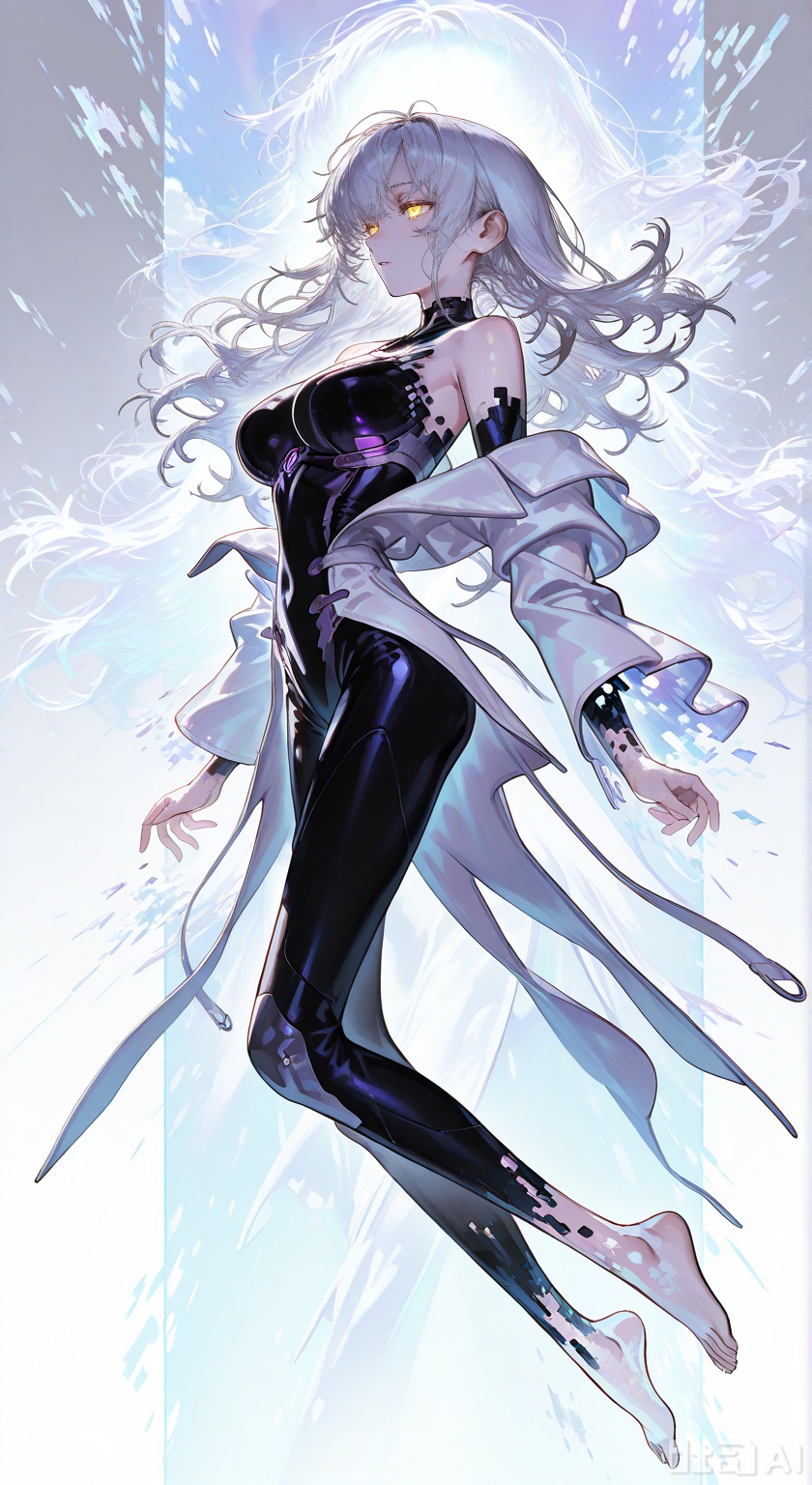 1girl,solo,white hair,messy hair,yellow_eyes,orange pupils,glowing eyes,half-closed_eyes,purple_gemstone ,(black_bodysuit,white_jacket,off-shoulder_bikini,bare_shoulders,large_breasts) ,(square pattern,square patterned sleeves,rectangle,disintegration clothing,digital_dissolved clothing,deconstructed clothing,fading outfit),barefoot,
masterpiece,best quality,beautiful detailed eyes,
 (hidari_(left_side):0.9),(u u zan),(umishima_senbon:0.9),(cosmic_(crownclowncosmic):0.9),(natsume_(menthol):0.9),(NNmy_Itp0:0.9),(iumu:0.8),floating,sky,cloud,from side,full body