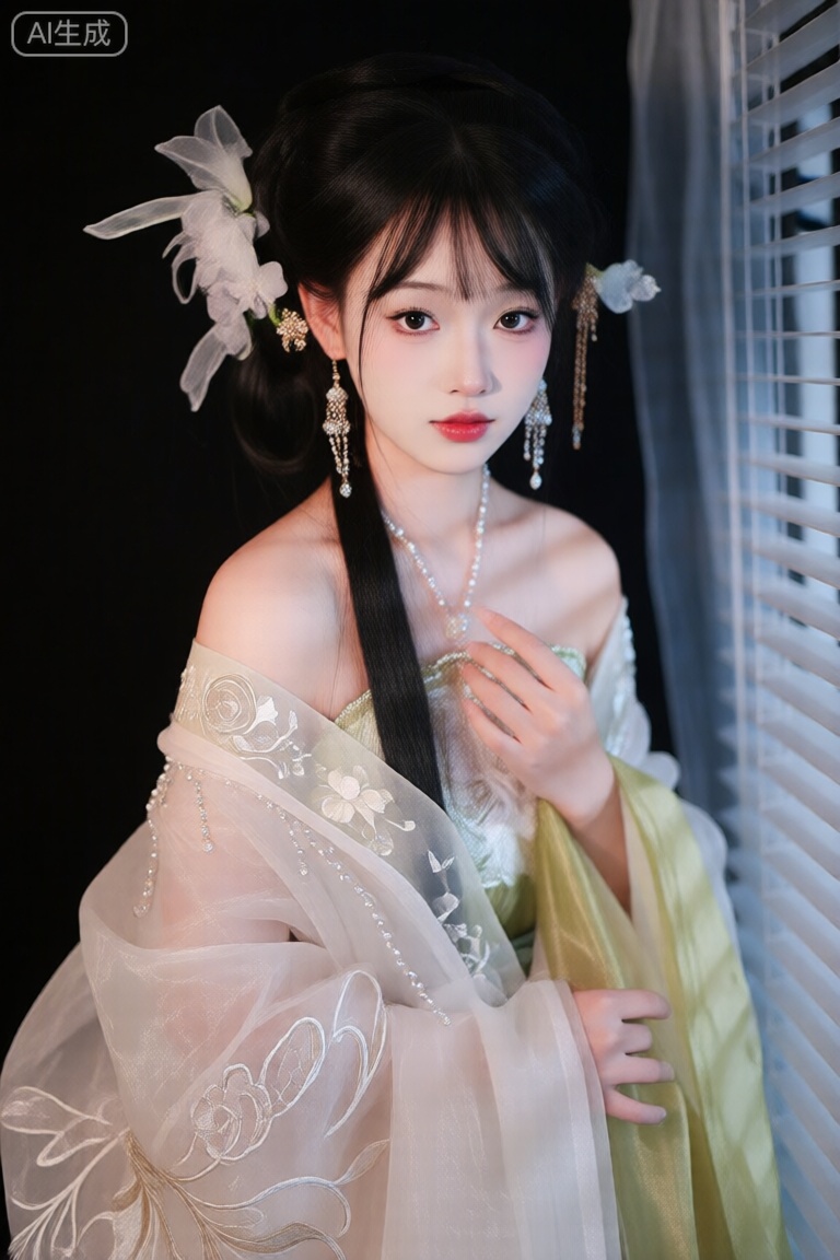 hanfu,1girl,solo,long hair,looking at viewer,black hair,bare shoulders,jewelry,upper body,flower,earrings,black eyes,from side,makeup,pale skin,portrait,blinds,girl