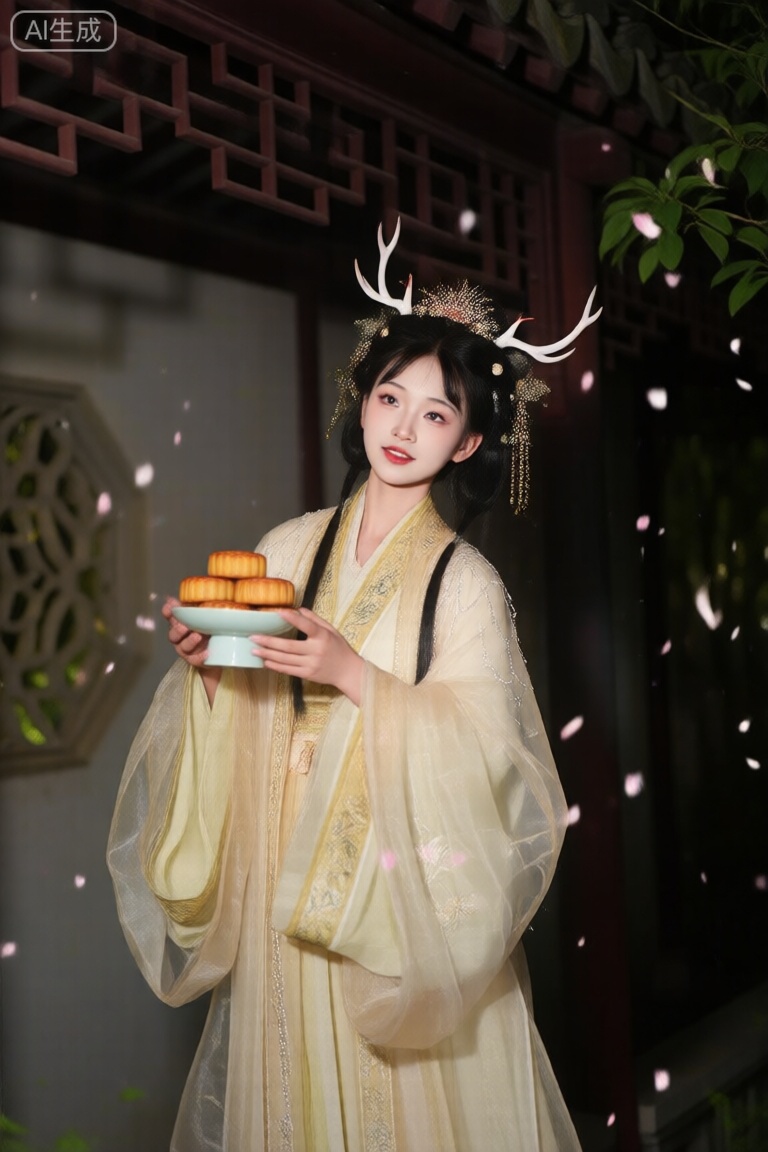 sharp_focus,ultra_high_resolution,best_quality,emotional_masterpiece,exquisite_details,with high_end_texture,photography,eye_catching,depth_of_field,absurdres,newest,extreme aesthetic,highres,ray_tracing,ambient_occlusion,hdr,达芬奇调色,通透感,
夜景,夜拍,随意抓拍,动态模糊,焦点不定,构图随意,身着华丽汉服、头戴精致鹿角的少女,站在古色古香的庭院中,双手捧着一个玉盘,上面叠放着几个月饼,身旁有纷飞的花瓣,古风工笔画的构图,镜头微微仰视,营造出一种空灵梦幻的氛围