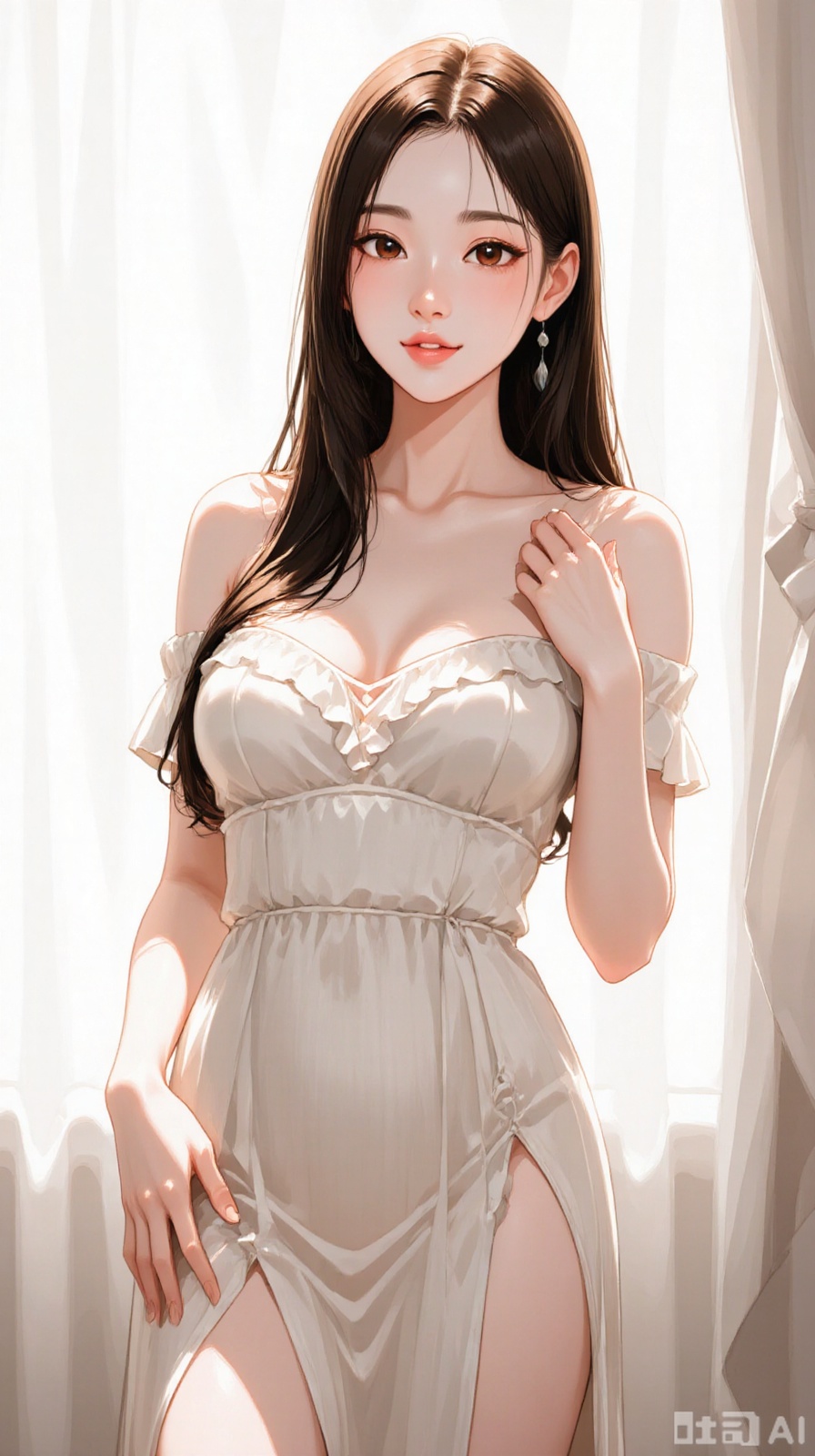 Chinese beautiful lady, beautiful face, fashionable clothing, thin and sexy nightgown, exposed one shoulder, sunlight transmits through hair, clear contours, fair skin and beautiful appearance, high definition, Zhuang and elegant, good texture of the picture, solid background, bright light, and portrait photography. Gorgeous, bright and charming, ultra-high definition, photo