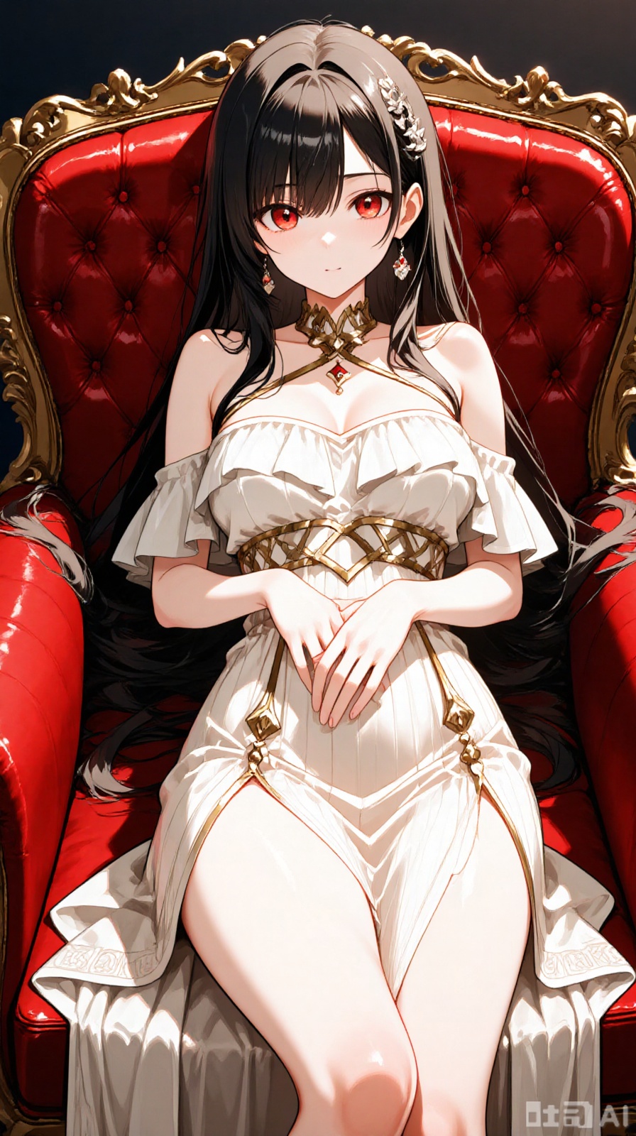 The picture shows a female character in an anime style. She sits upright in a gorgeous red and gold seat, with exquisite golden carvings, showing her nobility. The character is wearing a white off-shoulder slit skirt with golden decorations outlining lines, and the waist seal and legs are decorated with gorgeousness. Her black hair fell, her red eyes were bright, her expression was elegant and mysterious, creating a gorgeous and charming atmosphere as a whole.