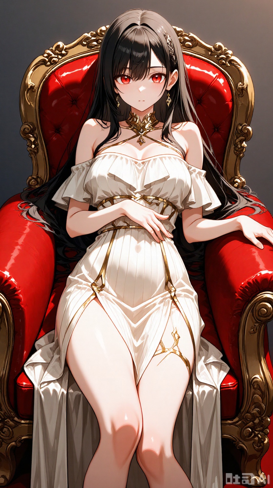The picture shows a female character in an anime style. She sits upright in a gorgeous red and gold seat, with exquisite golden carvings, showing her nobility. The character is wearing a white off-shoulder slit skirt with golden decorations outlining lines, and the waist seal and legs are decorated with gorgeousness. Her black hair fell, her red eyes were bright, her expression was elegant and mysterious, creating a gorgeous and charming atmosphere as a whole.