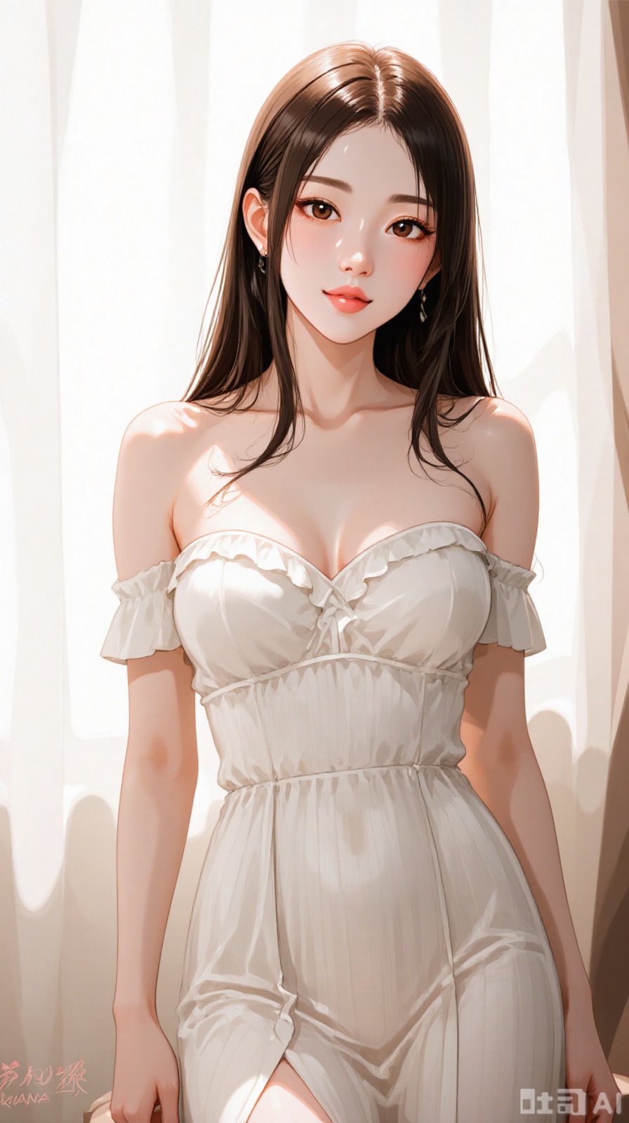 Chinese beautiful lady, beautiful face, fashionable clothing, thin and sexy nightgown, exposed one shoulder, sunlight transmits through hair, clear contours, fair skin and beautiful appearance, high definition, Zhuang and elegant, good texture of the picture, solid background, bright light, and portrait photography. Gorgeous, bright and charming, ultra-high definition, photo