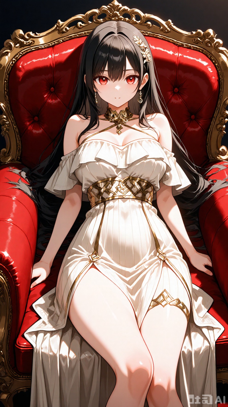 The picture shows a female character in an anime style. She sits upright in a gorgeous red and gold seat, with exquisite golden carvings, showing her nobility. The character is wearing a white off-shoulder slit skirt with golden decorations outlining lines, and the waist seal and legs are decorated with gorgeousness. Her black hair fell, her red eyes were bright, her expression was elegant and mysterious, creating a gorgeous and charming atmosphere as a whole.
