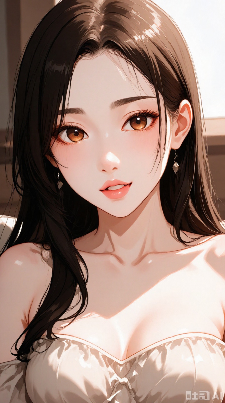 Chinese beautiful lady, beautiful face, fashionable clothing, thin and sexy nightgown, exposed one shoulder, sunlight transmits through hair, clear contours, fair skin and beautiful appearance, high definition, Zhuang and elegant, good texture of the picture, solid background, bright light, and portrait photography. Gorgeous, bright and charming, ultra-high definition, photo