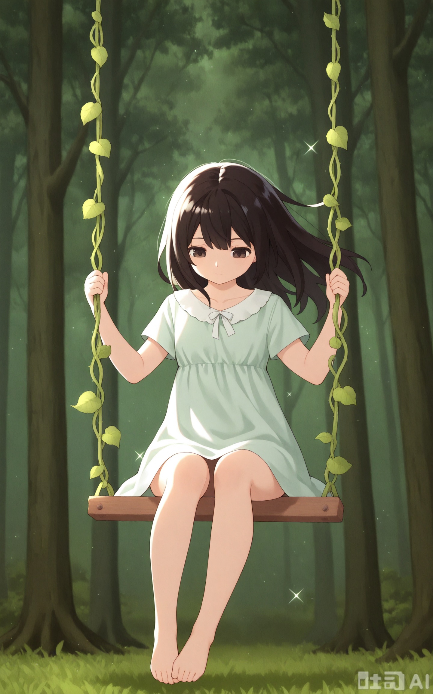 1girl, swing, solo, sitting, forest background, vine, looking down, outdoors, floating hair, holding, closed mouth, sparkle, hands up, waist,short,qscc,tusbasachya