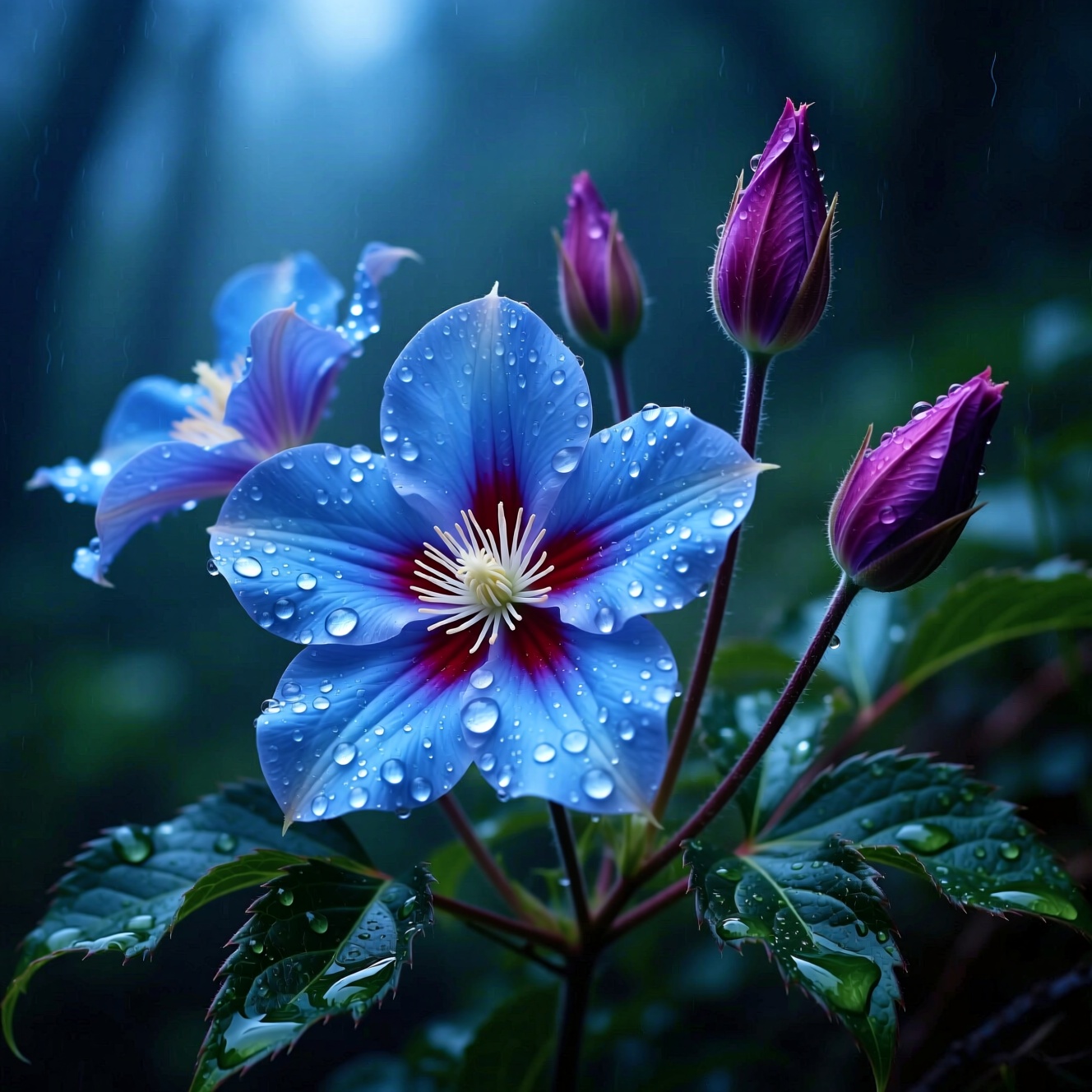 A close-up macro photograph of vibrant electric-blue flowers in full bloom,  their petals glistening with fresh morning de...