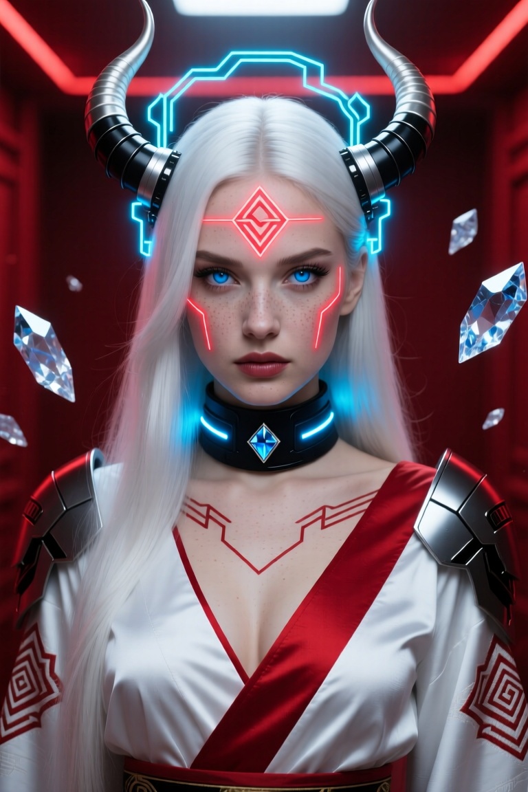 A breathtakingly beautiful woman with long,  flowing platinum-white hair and piercing electric-blue eyes stares intensely...