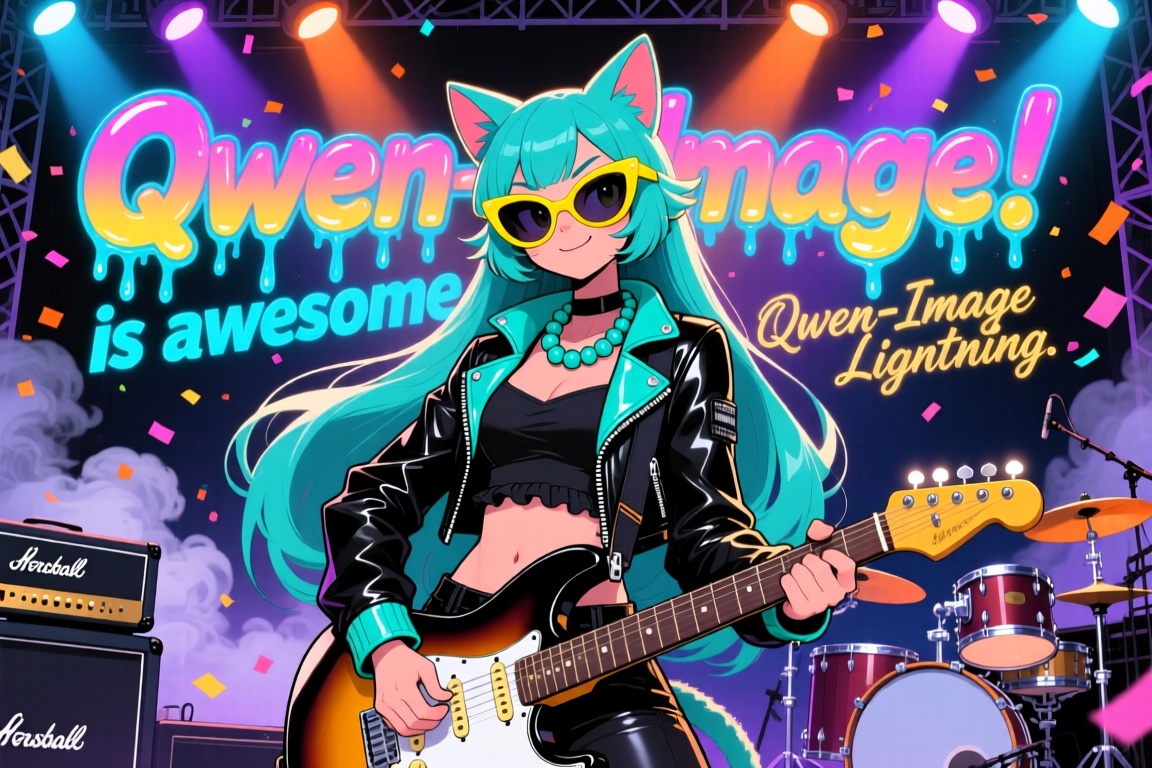A stylized,  anthropomorphic cat girl with long,  flowing turquoise twin-tails and perky cat ears stands center stage unde...
