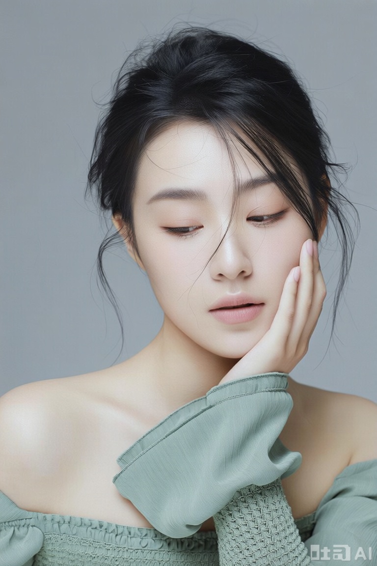 女性,人像写真, 女性发髻微乱,手托脸颊,着浅绿露肩装,浅灰背景,展现清冷精致感。