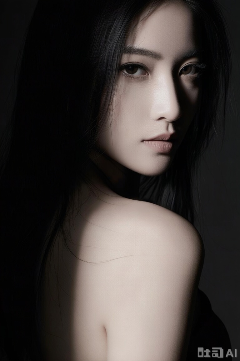 主体为气质冷欲的女性,打造高级性感电影写真,风格是极简的暗黑性感风,光线用单侧硬光形成明暗对比,突出腰肩轮廓,渲染保留轻微皮肤肌理,色彩以墨黑与银灰为主,构图为半身特写,视角平视,聚焦人物冷冽眼神与若隐若现的肩颈肌肤。