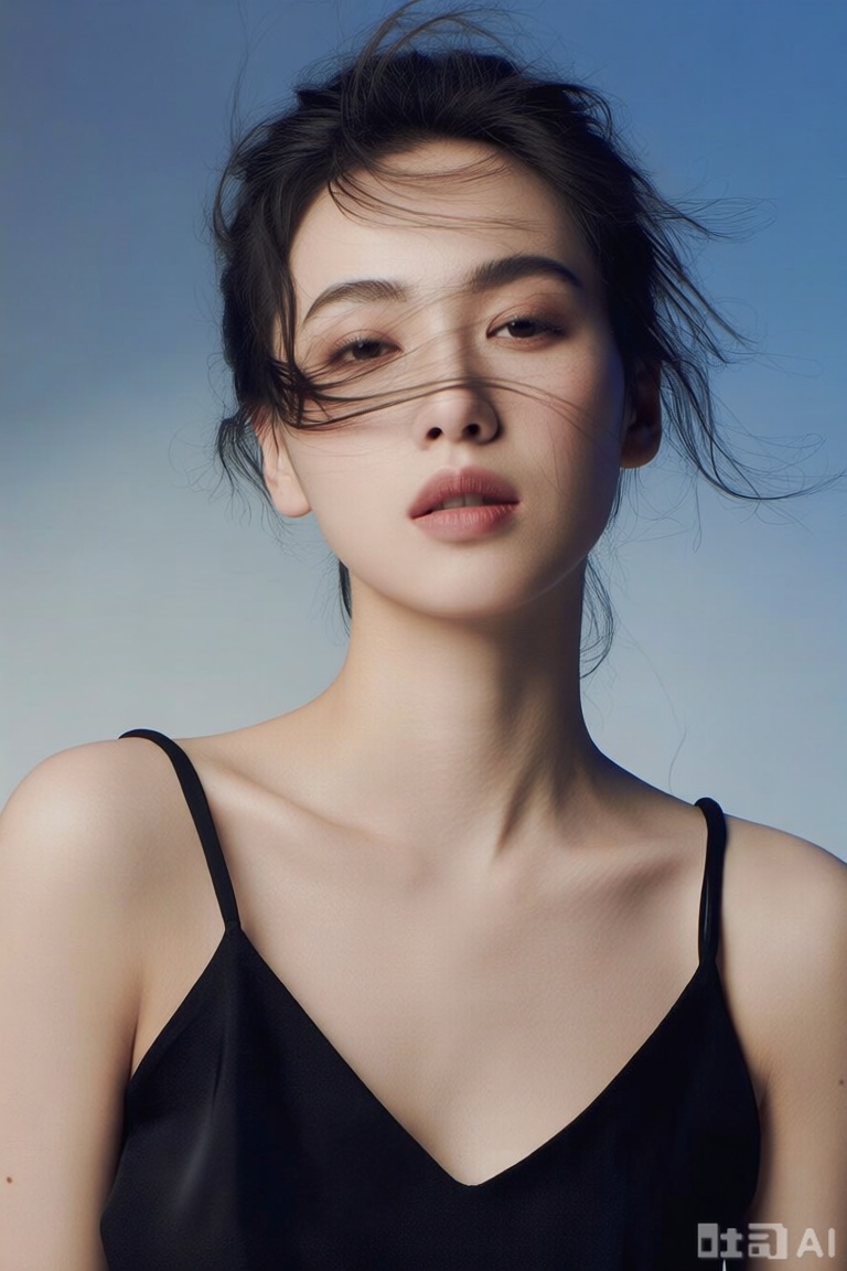 女性,人像写真, 女性头发束起且微乱,穿黑色吊带,背景蓝灰渐变,呈现随性时尚姿态。