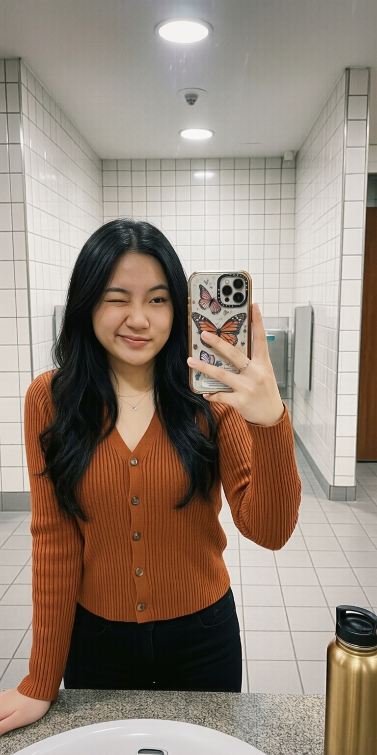 a person taking a selfie in a bathroom mirror. The background consists of white tiled walls and floor,  with ceiling light...